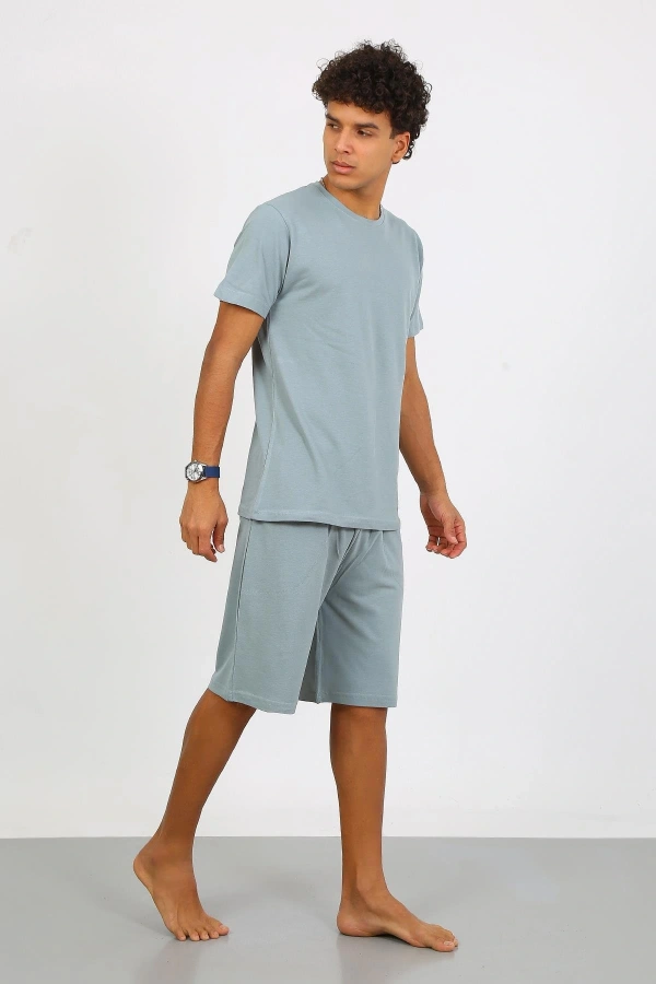 Moda Çizgi Erkek Pamuk Lakost Alt Üst Kaprili Pijama Takım SuYeşili 6872