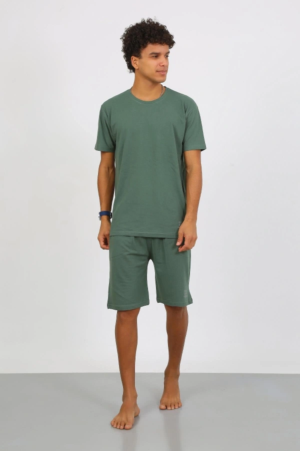 Moda Çizgi Erkek Pamuk Lakost Alt Üst Kaprili Pijama Takım Yeşil 6872