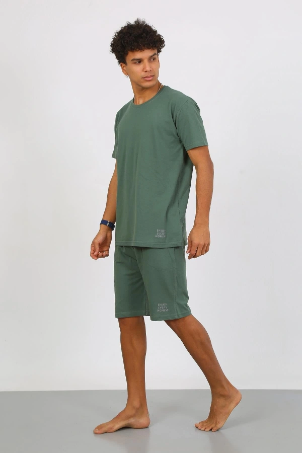 Moda Çizgi Erkek Pamuk Lakost Alt Üst Kaprili Pijama Takım Yeşil 6872