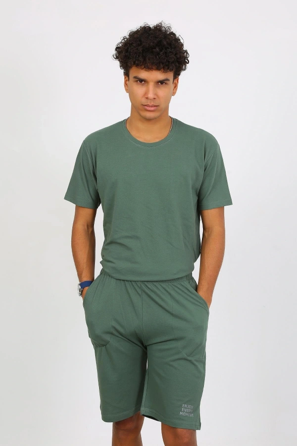 Moda Çizgi Erkek Pamuk Lakost Alt Üst Kaprili Pijama Takım Yeşil 6872