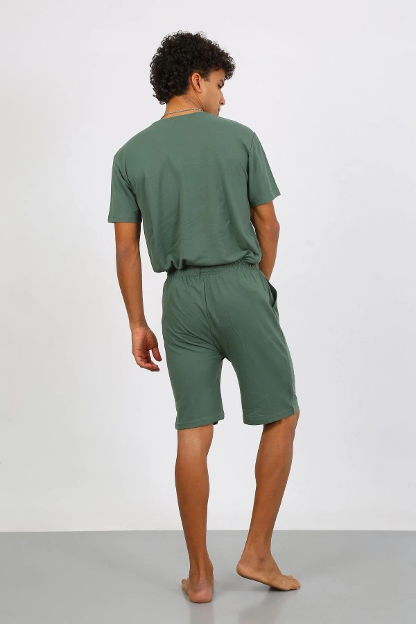 Moda Çizgi Erkek Pamuk Lakost Alt Üst Kaprili Pijama Takım Yeşil 6872