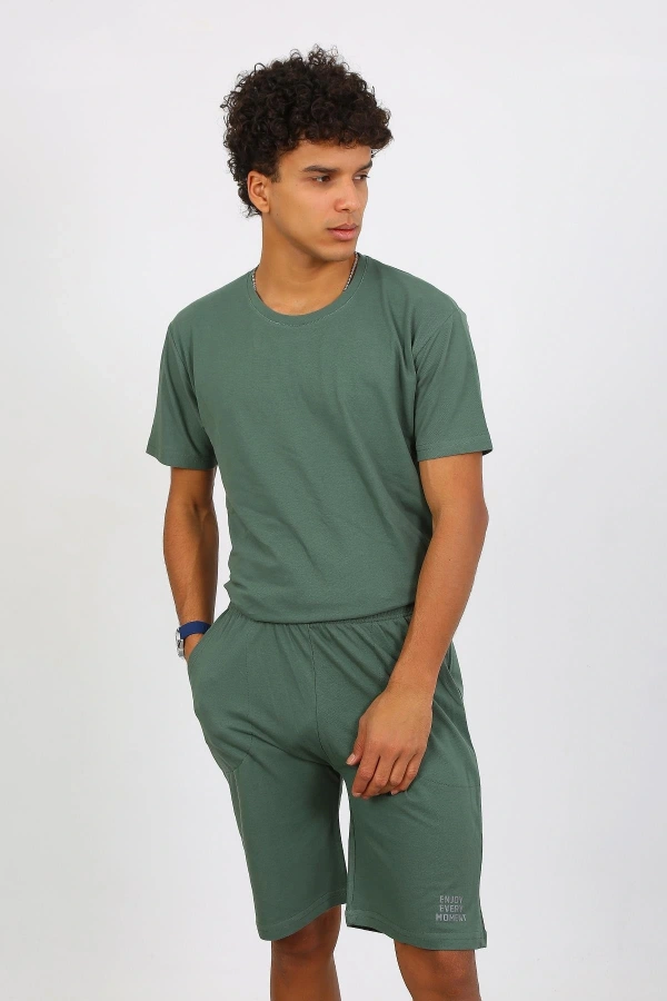 Moda Çizgi Erkek Pamuk Lakost Alt Üst Kaprili Pijama Takım Yeşil 6872