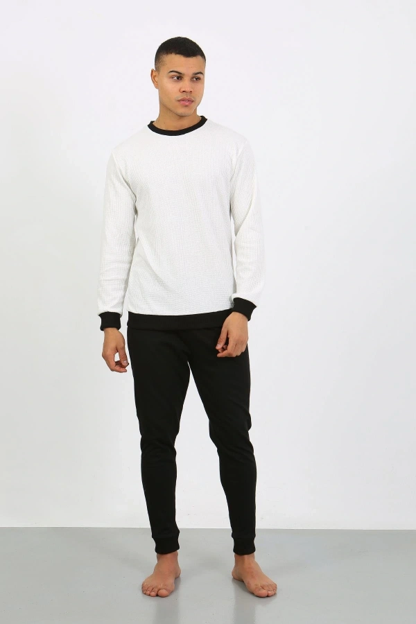 Moda Çizgi Erkek Uzun Kol Manşetli Paça Penye Pijama Takımı 6870 Beyaz