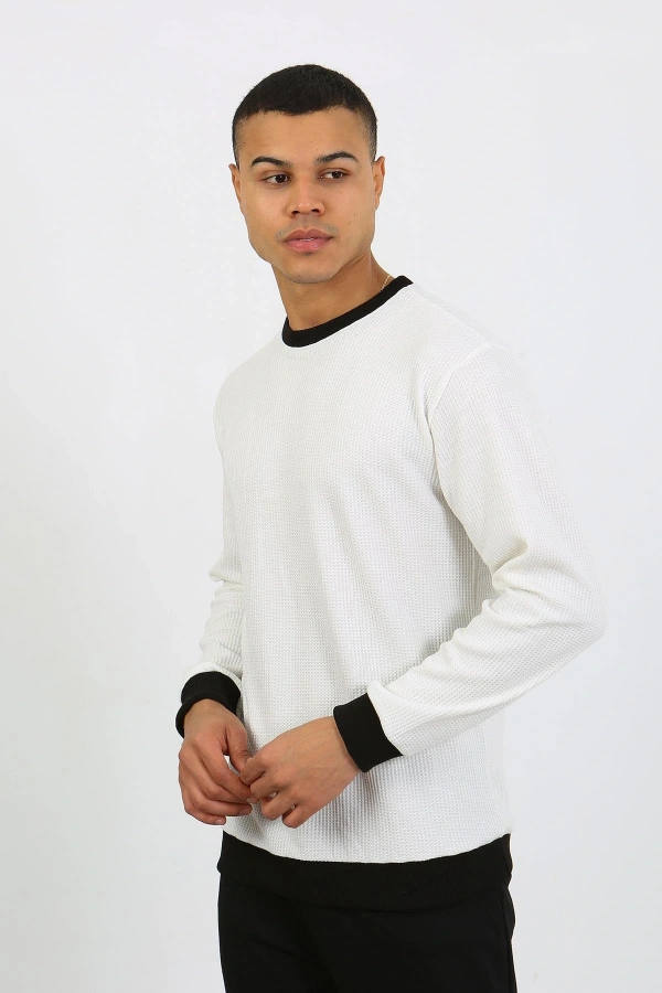 Moda Çizgi Erkek Uzun Kol Manşetli Paça Penye Pijama Takımı 6870 Beyaz