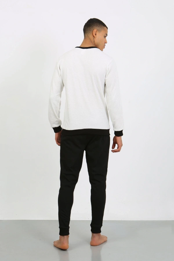 Moda Çizgi Erkek Uzun Kol Manşetli Paça Penye Pijama Takımı 6870 Beyaz