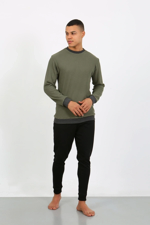 Moda Çizgi Erkek Uzun Kol Manşetli Paça Penye Pijama Takımı 6870 Haki