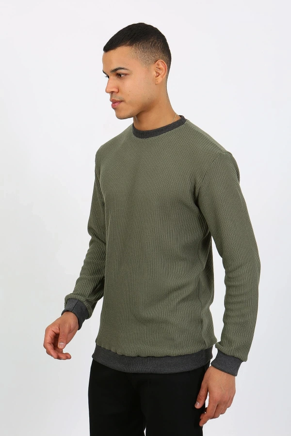 Moda Çizgi Erkek Uzun Kol Manşetli Paça Penye Pijama Takımı 6870 Haki