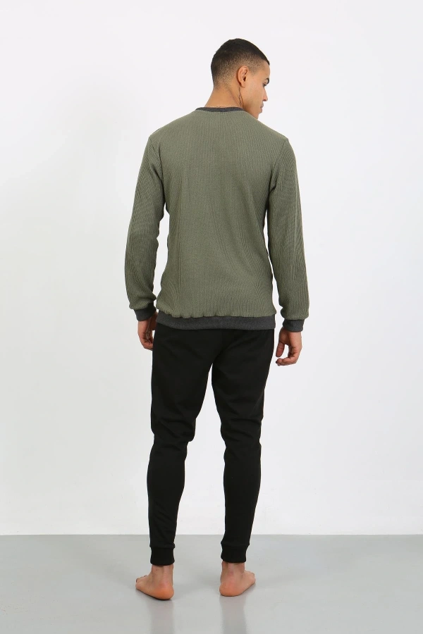 Moda Çizgi Erkek Uzun Kol Manşetli Paça Penye Pijama Takımı 6870 Haki