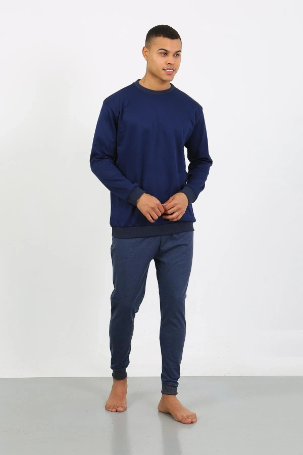 Moda Çizgi Erkek Uzun Kol Manşetli Paça Penye Pijama Takımı 6870 Lacivert