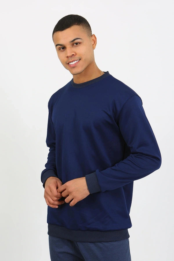 Moda Çizgi Erkek Uzun Kol Manşetli Paça Penye Pijama Takımı 6870 Lacivert