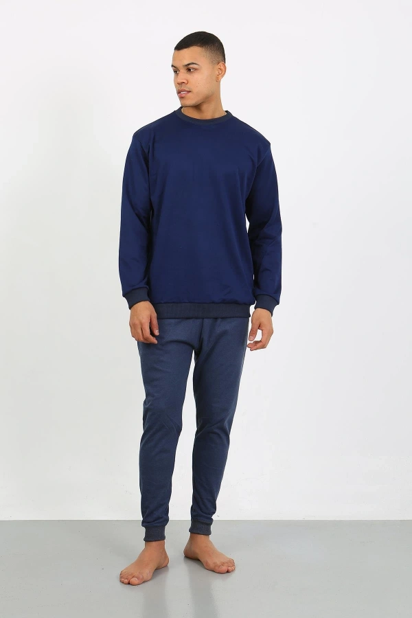 Moda Çizgi Erkek Uzun Kol Manşetli Paça Penye Pijama Takımı 6870 Lacivert
