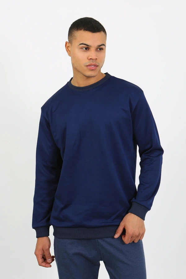 Moda Çizgi Erkek Uzun Kol Manşetli Paça Penye Pijama Takımı 6870 Lacivert