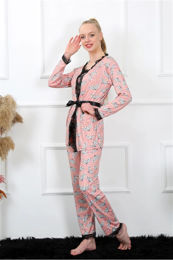 Moda Çizgi Kadın 3lü Somon Sabahlık Pijama Takım 16103