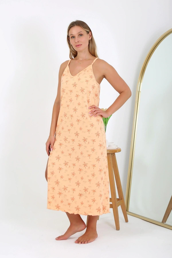 Moda Çizgi Kadın Büyük Beden İp Askılı Uzun Gecelik 12110