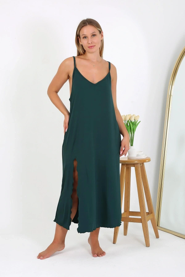 Moda Çizgi Kadın Büyük Beden İp Askılı Uzun Gecelik 12111