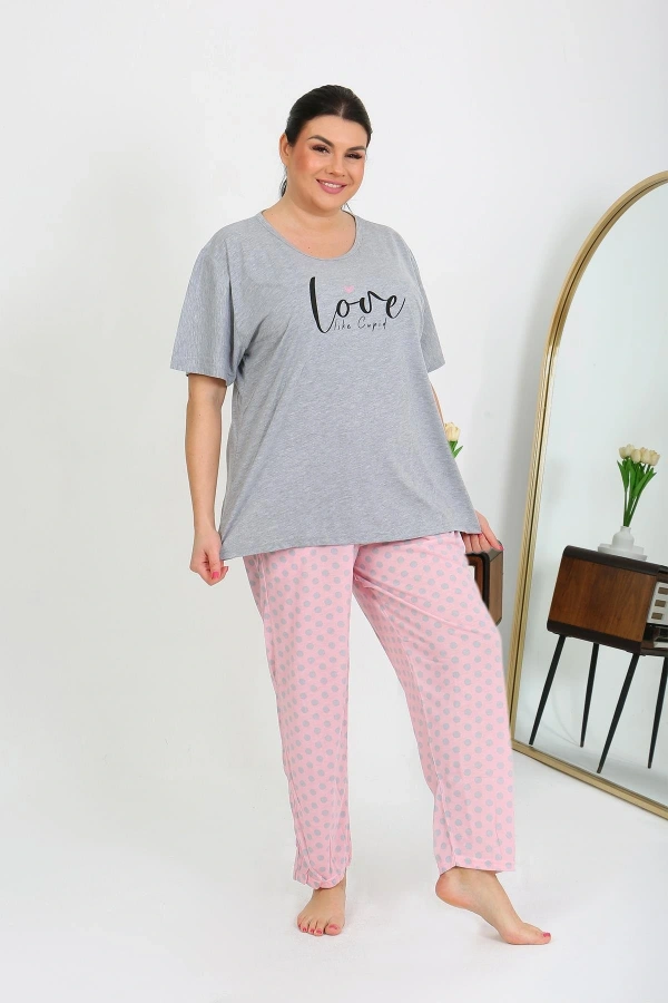 Moda Çizgi Kadın Büyük Beden Kısa Kol Penye Pijama Takımı Gri 202408
