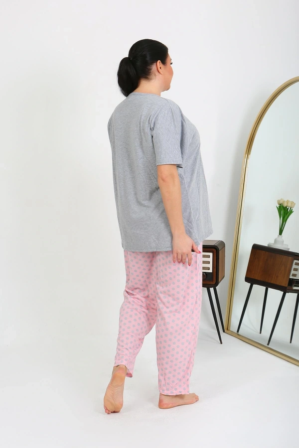 Moda Çizgi Kadın Büyük Beden Kısa Kol Penye Pijama Takımı Gri 202408