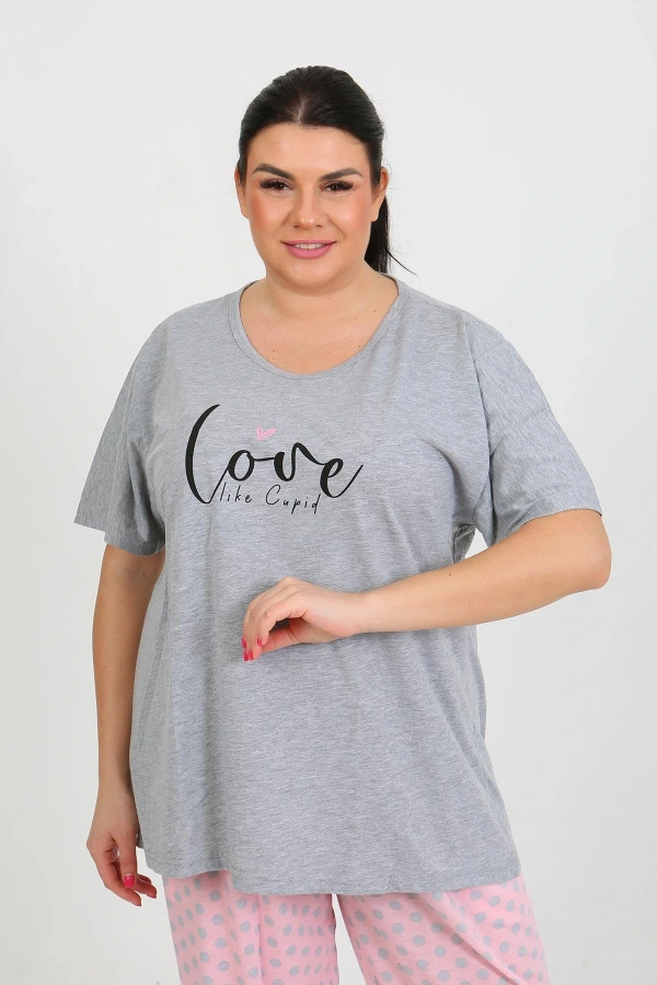 Moda Çizgi Kadın Büyük Beden Kısa Kol Penye Pijama Takımı Gri 202408