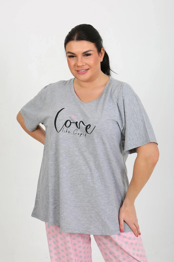 Moda Çizgi Kadın Büyük Beden Kısa Kol Penye Pijama Takımı Gri 202408