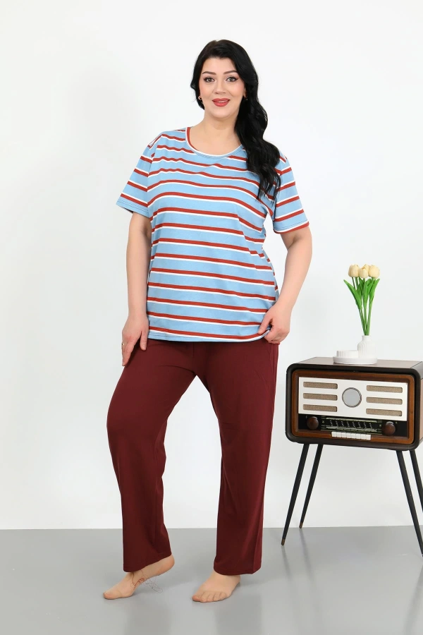 Moda Çizgi Kadın Büyük Beden Kısa Kol Penye Pijama Takımı Mavi 202505