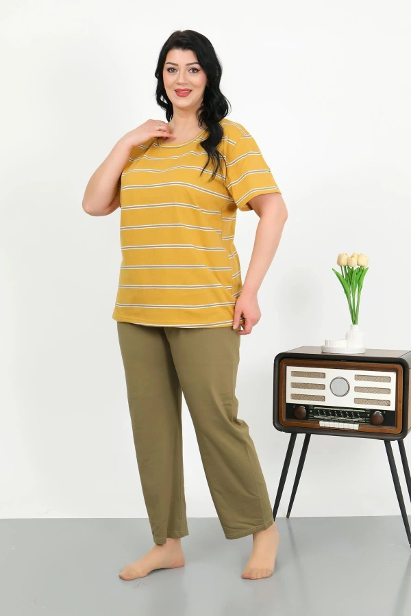 Moda Çizgi Kadın Büyük Beden Kısa Kol Penye Pijama Takımı Sarı 202505