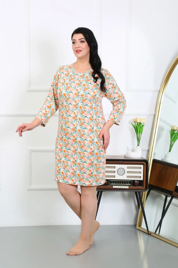Moda Çizgi Kadın Büyük Beden Penye Gecelik Ev Elbisesi Krem 12507