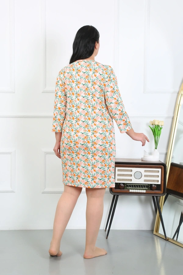 Moda Çizgi Kadın Büyük Beden Penye Gecelik Ev Elbisesi Krem 12507