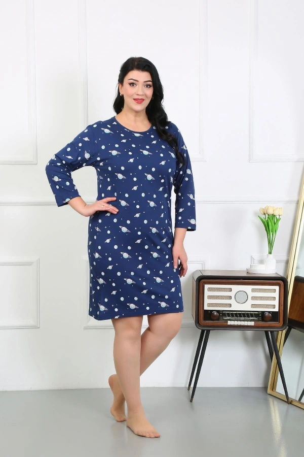 Moda Çizgi Kadın Büyük Beden Penye Gecelik Ev Elbisesi Lacivert 12507