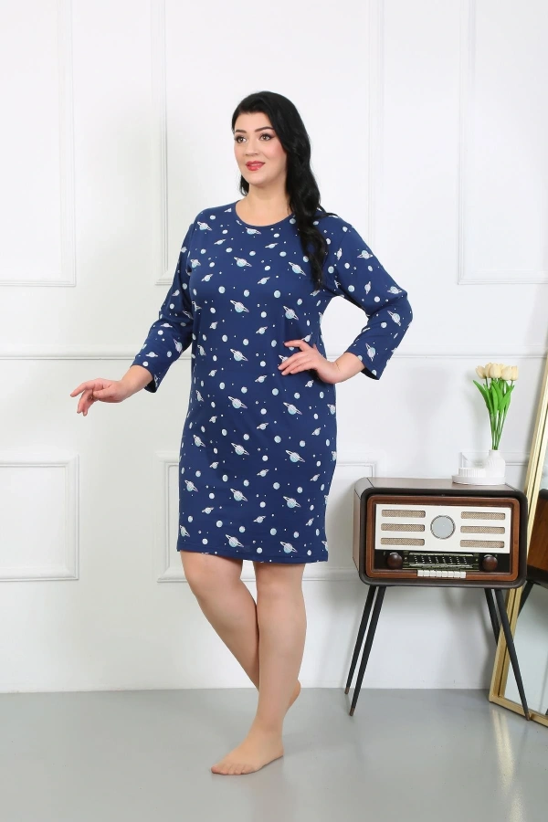 Moda Çizgi Kadın Büyük Beden Penye Gecelik Ev Elbisesi Lacivert 12507