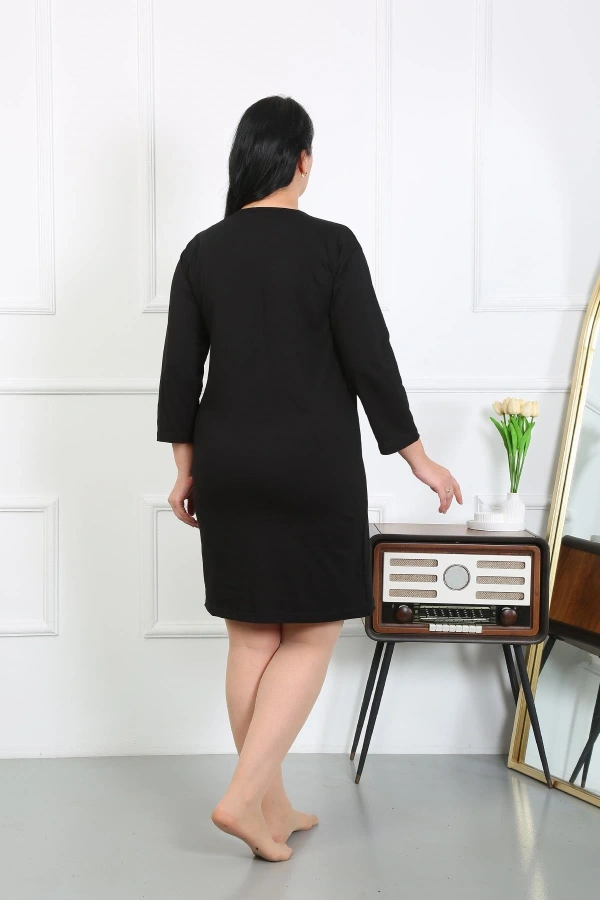 Moda Çizgi Kadın Büyük Beden Penye Gecelik Ev Elbisesi Siyah 12506