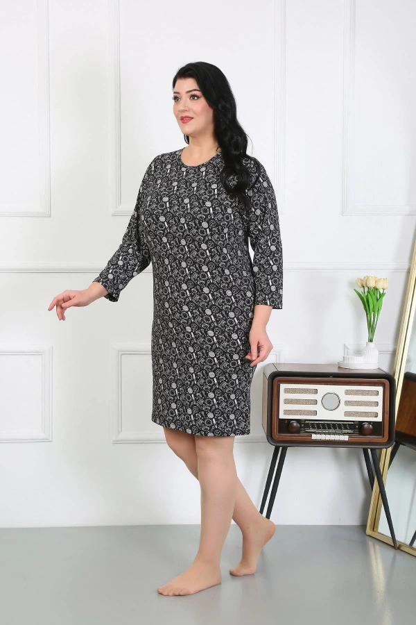Moda Çizgi Kadın Büyük Beden Penye Gecelik Ev Elbisesi Siyah 12507