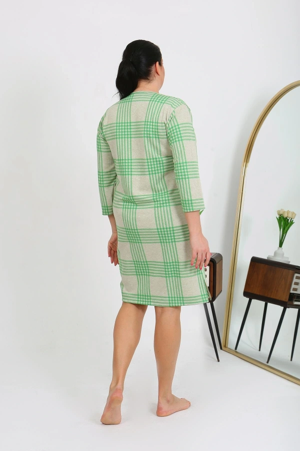 Moda Çizgi Kadın Büyük Beden Penye Gecelik Ev Elbisesi Yeşil 12508