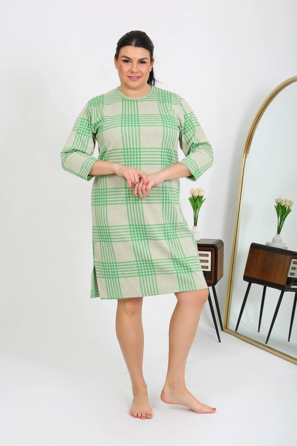 Moda Çizgi Kadın Büyük Beden Penye Gecelik Ev Elbisesi Yeşil 12508