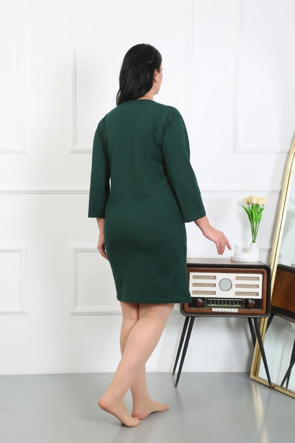 Moda Çizgi Kadın Büyük Beden Penye Gecelik Ev Elbisesi Zümrüt Yeşili 12506