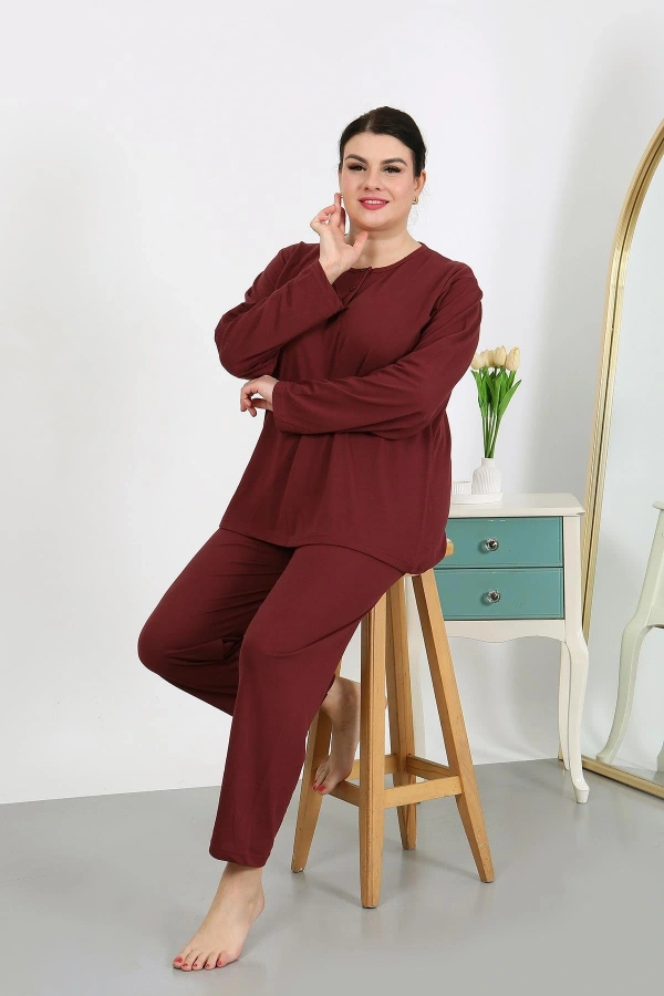 Moda Çizgi Kadın Büyük Beden Uzun Kol Penye Pijama Takımı Bordo 202501
