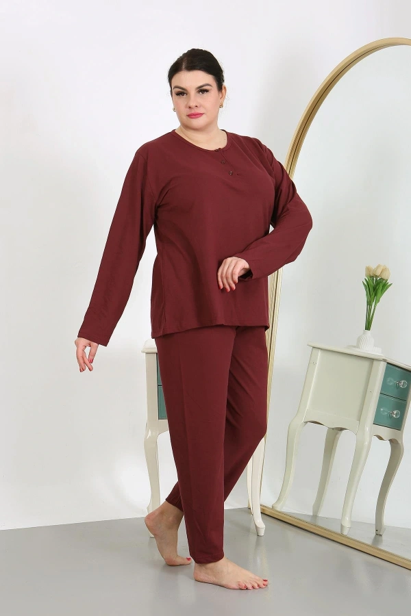 Moda Çizgi Kadın Büyük Beden Uzun Kol Penye Pijama Takımı Bordo 202501
