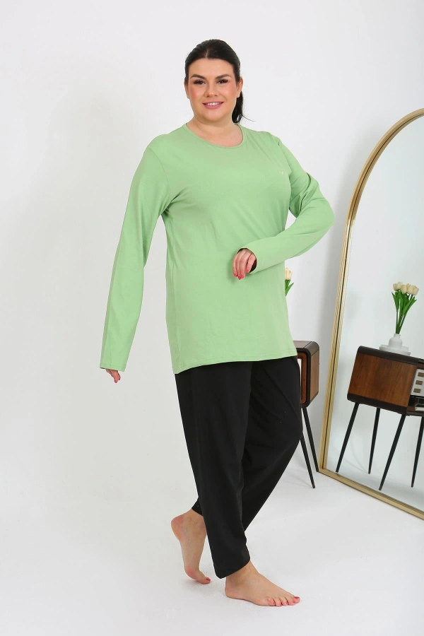 Moda Çizgi Kadın Büyük Beden Uzun Kol Penye Pijama Takımı Fıstık Yeşili 202408