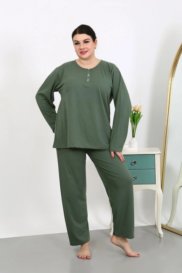 Moda Çizgi Kadın Büyük Beden Uzun Kol Penye Pijama Takımı Haki 202501