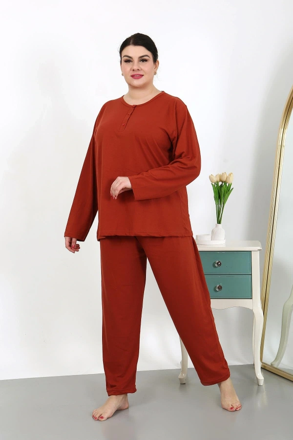 Moda Çizgi Kadın Büyük Beden Uzun Kol Penye Pijama Takımı Kiremit 202501