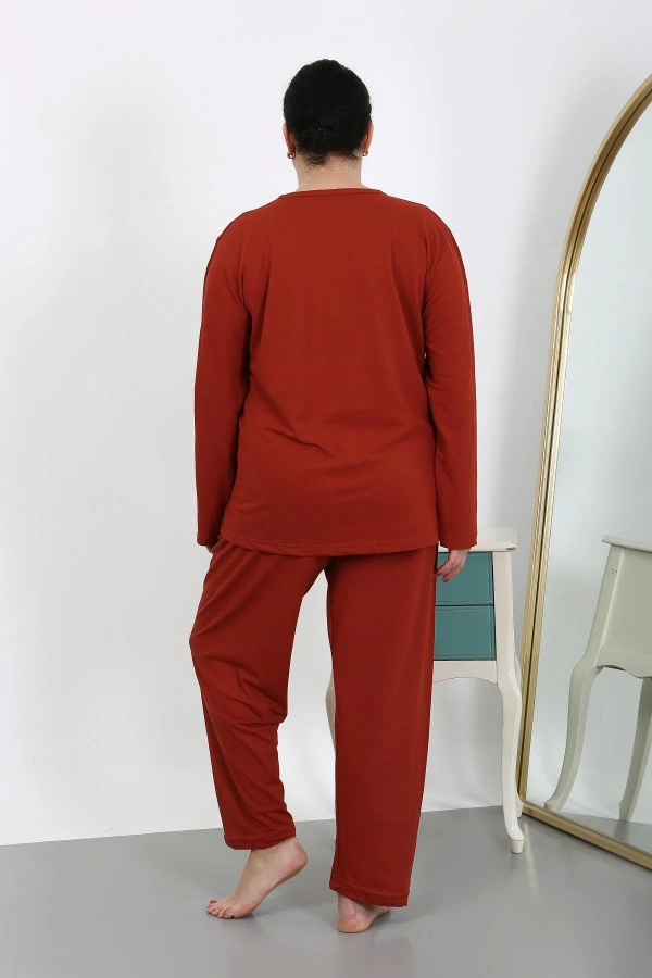 Moda Çizgi Kadın Büyük Beden Uzun Kol Penye Pijama Takımı Kiremit 202501