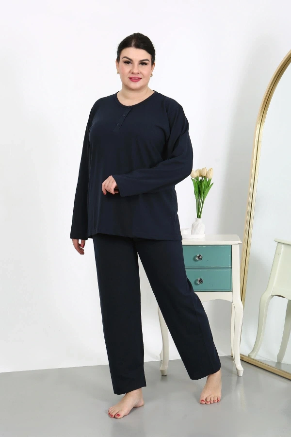 Moda Çizgi Kadın Büyük Beden Uzun Kol Penye Pijama Takımı Lacivert 202501
