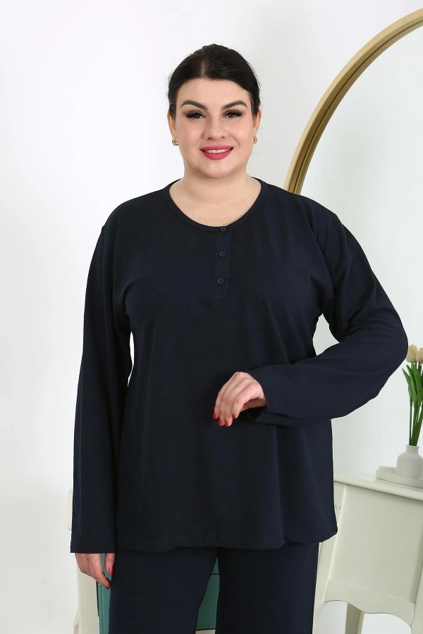 Moda Çizgi Kadın Büyük Beden Uzun Kol Penye Pijama Takımı Lacivert 202501