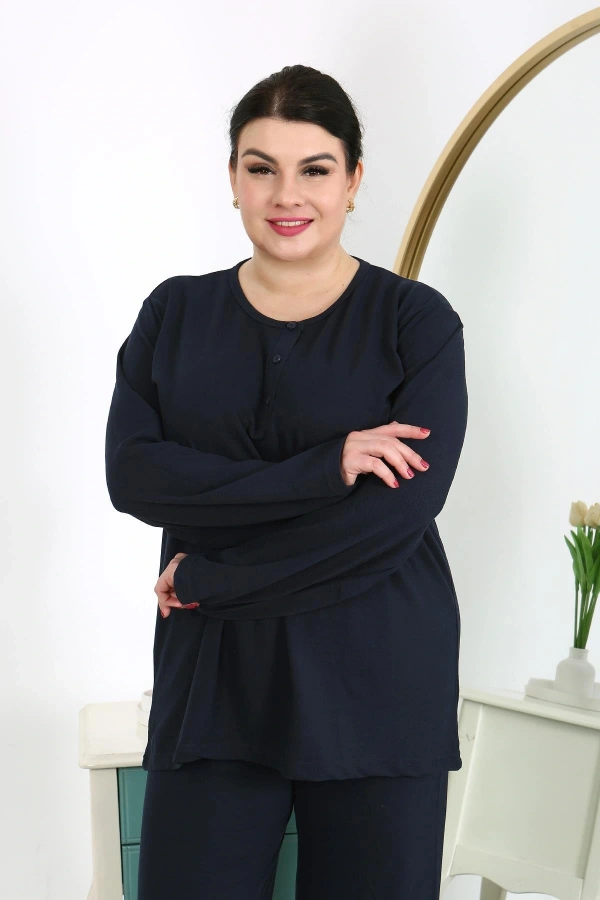 Moda Çizgi Kadın Büyük Beden Uzun Kol Penye Pijama Takımı Lacivert 202501