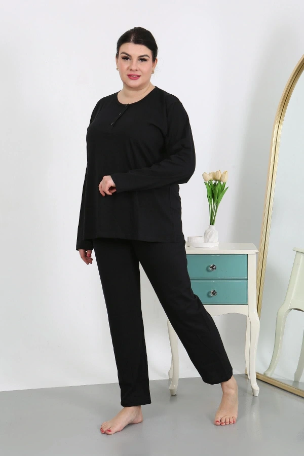 Moda Çizgi Kadın Büyük Beden Uzun Kol Penye Pijama Takımı Siyah 202501