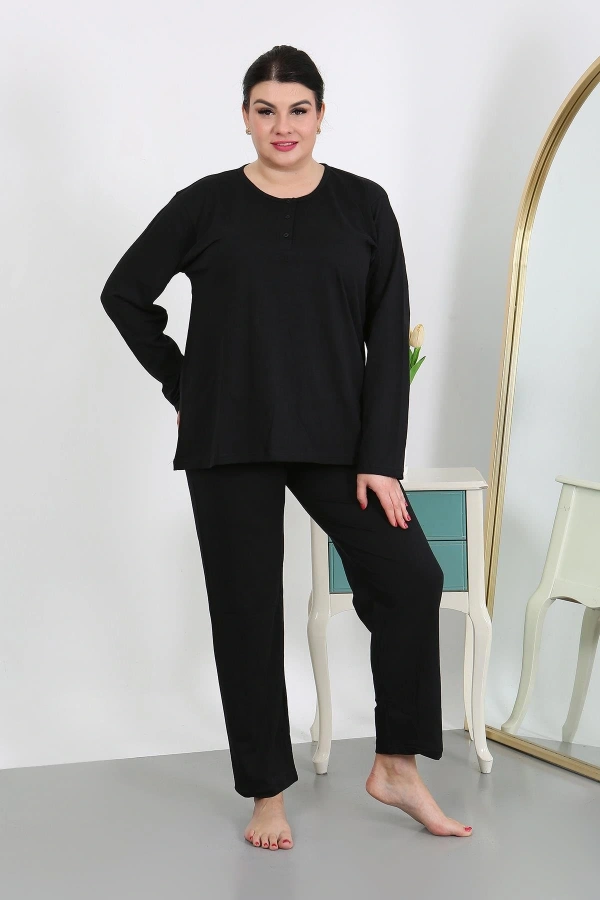 Moda Çizgi Kadın Büyük Beden Uzun Kol Penye Pijama Takımı Siyah 202501