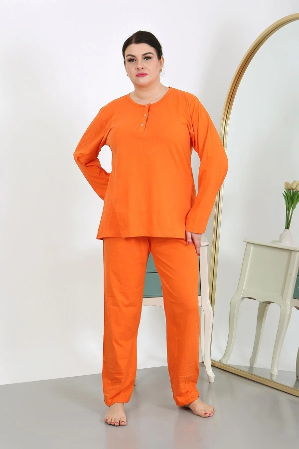 Moda Çizgi Kadın Büyük Beden Uzun Kol Penye Pijama Takımı Turuncu 202501