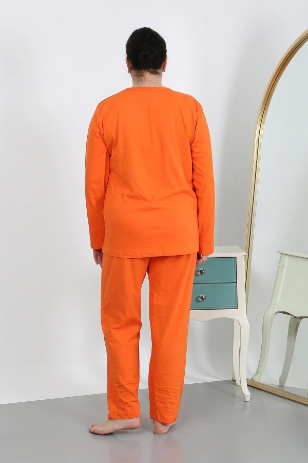 Moda Çizgi Kadın Büyük Beden Uzun Kol Penye Pijama Takımı Turuncu 202501