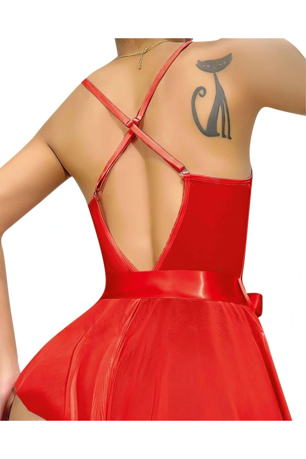 Moda Çizgi Kadın Fantezi Babydoll Dantel Gecelik T001 Kırmızı
