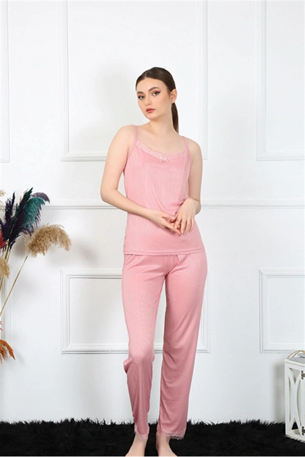 Moda Çizgi Kadın İp Askılı Somon Pijama Takım 4136