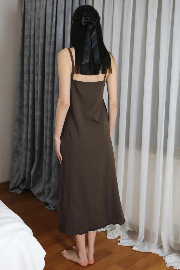 Moda Çizgi Kadın İp Askılı Uzun Yırtmaçlı Pamuk Penye Gecelik Kahve 90125